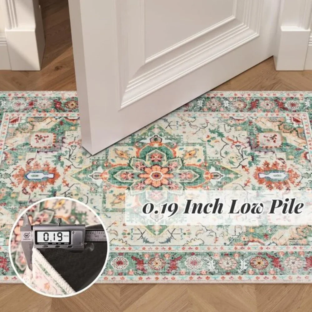 2x3 Vintage Entryway Rug, Washable Non-Slip Small Area Rug for Room, Cream/Green